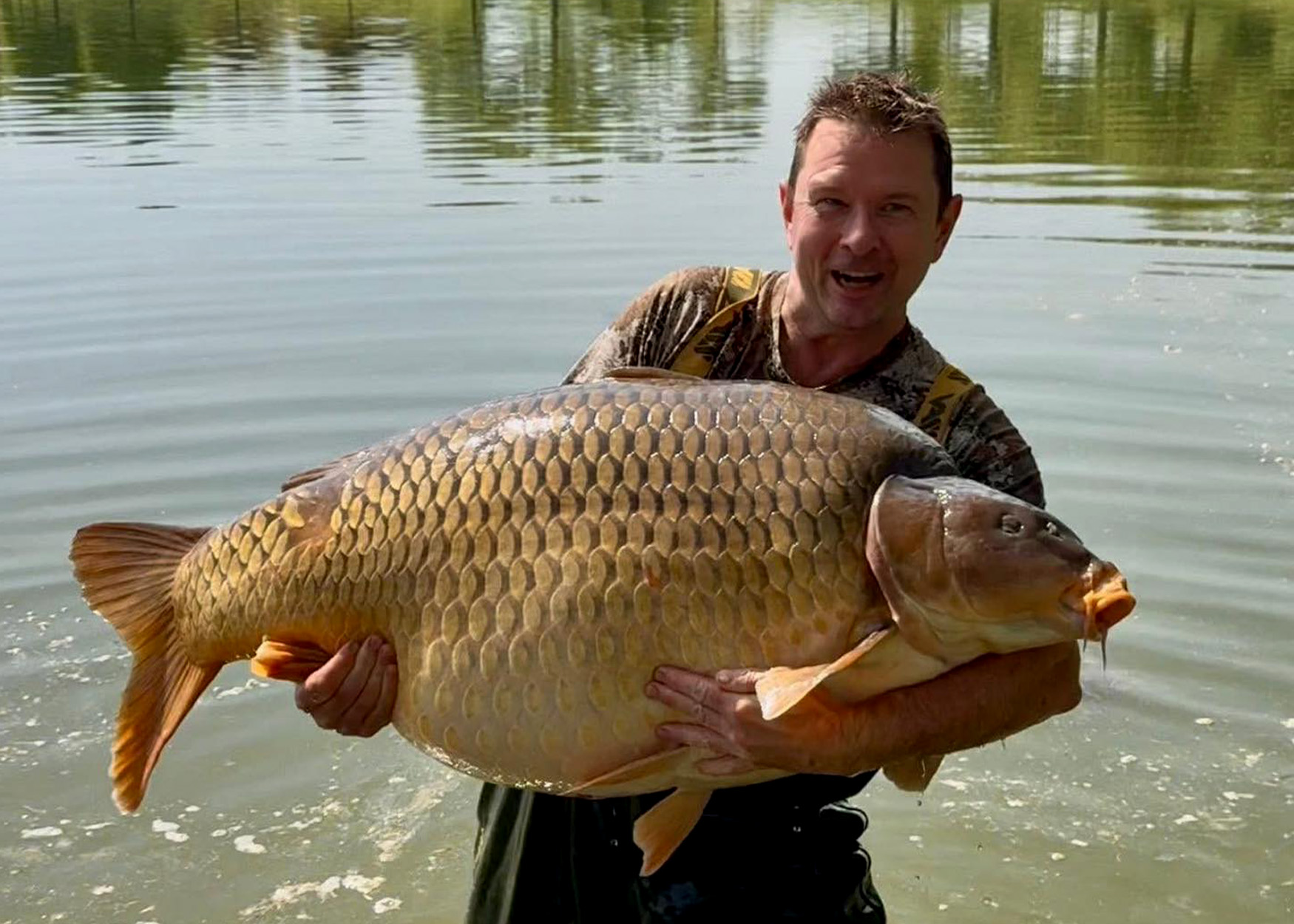 An angler with a huge common carp caught in a lake.
