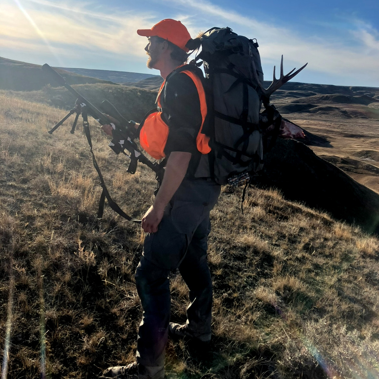 A successful hunter packs out a mule deer.