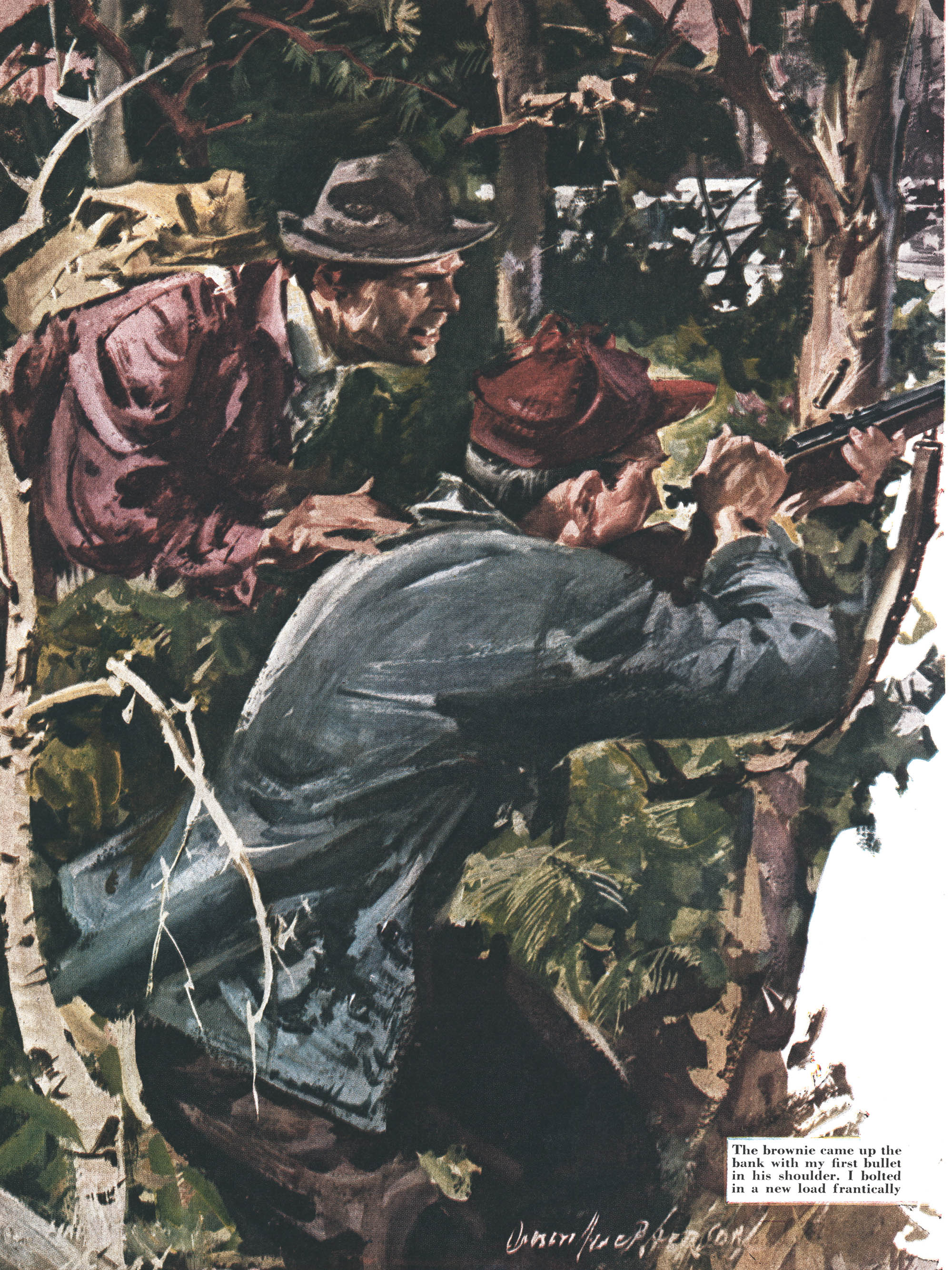 an illustration of two hunters in the brush