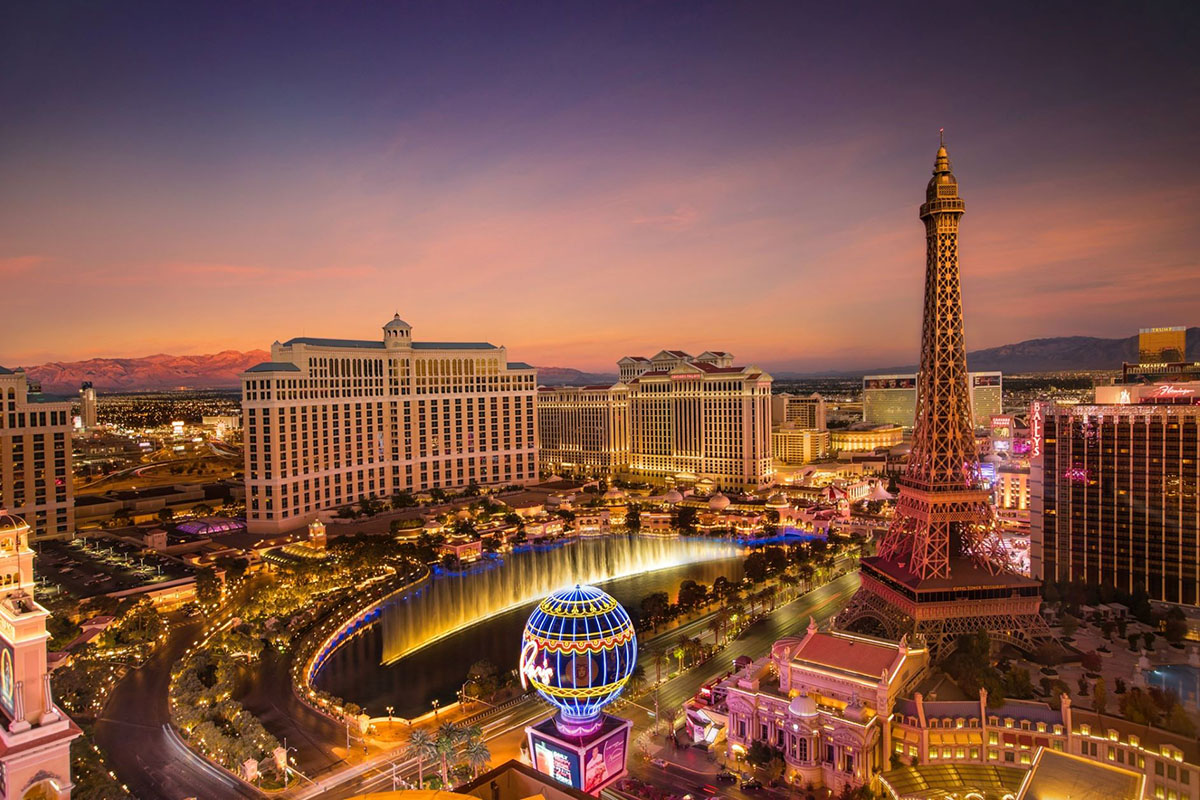 Vegas casinos at dusk.