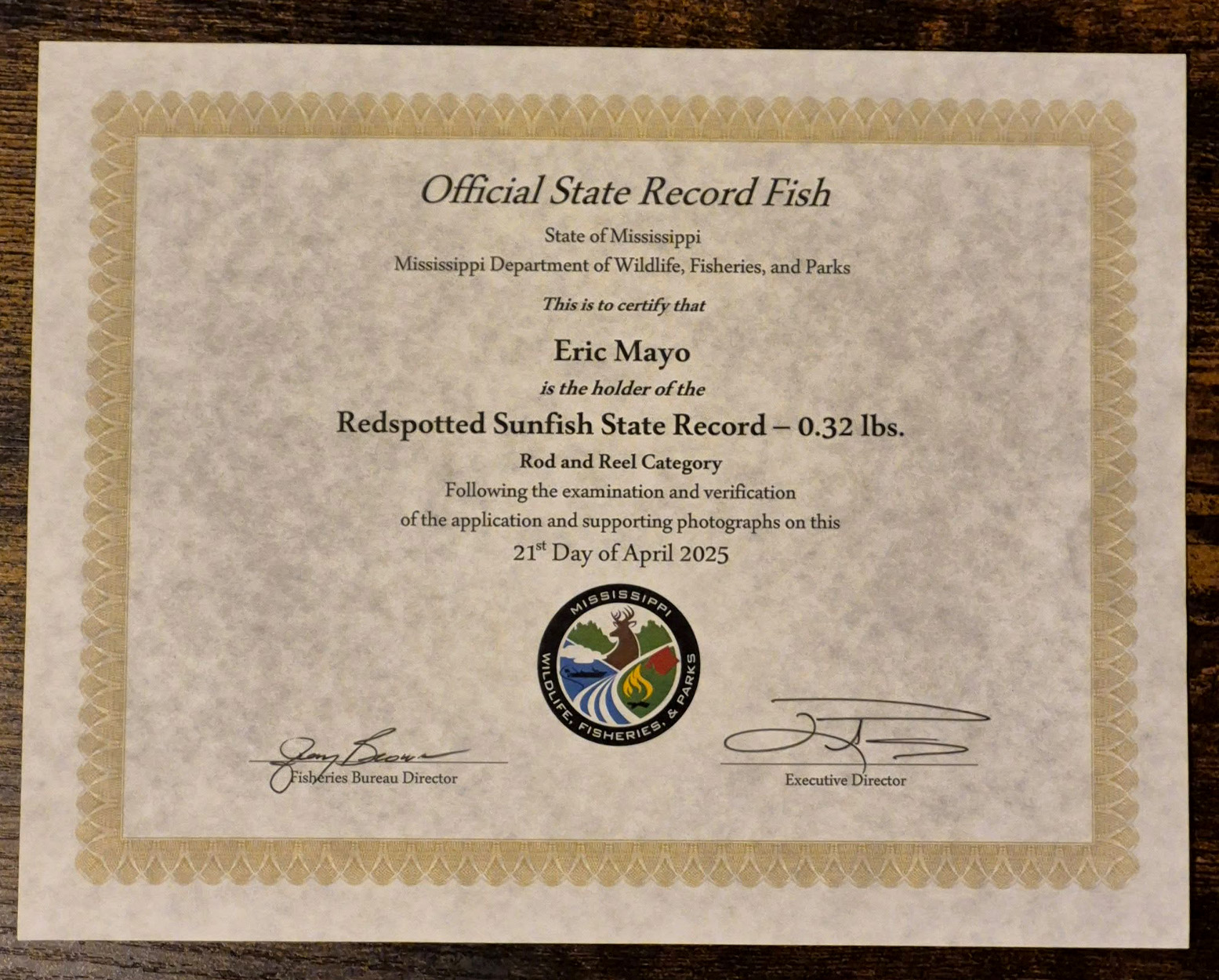 A certificate for a state-record sunfish in Mississippi.