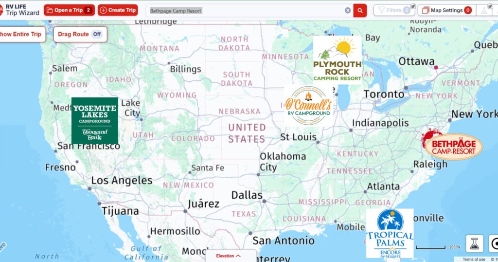 map of the nation with campgrounds plotted out
