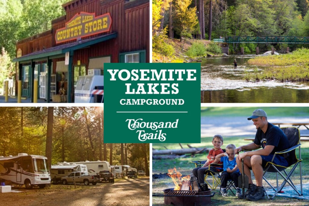 collage of amenities at Yosemite Lakes campground