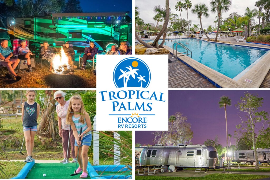 collage of amenities at Tropical Palms RV Resort