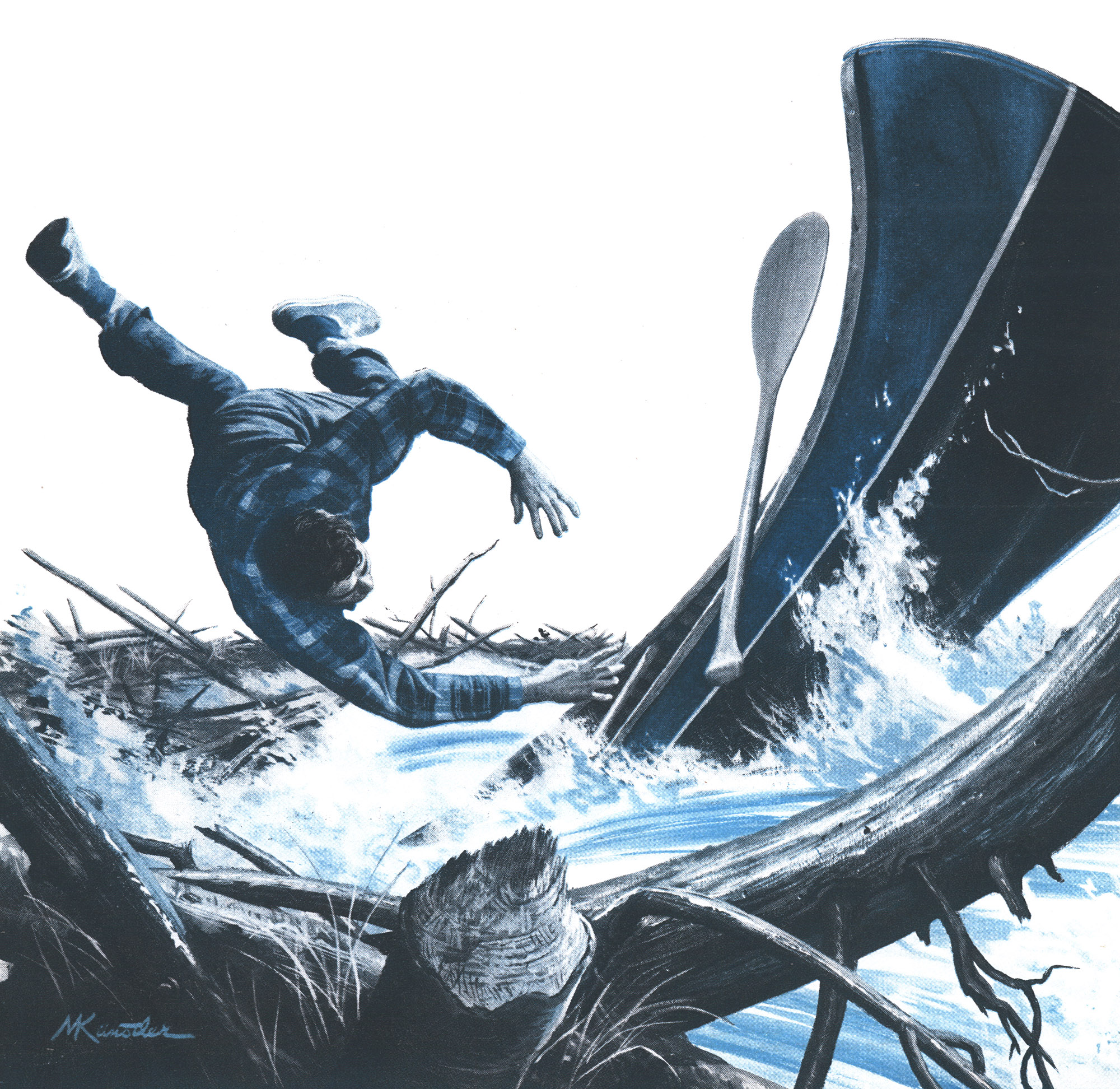 An illustration of a canoe paddler ramming into a beaver dam.