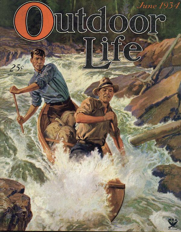 A vintage outdoor life illustration of two paddlers canoeing
