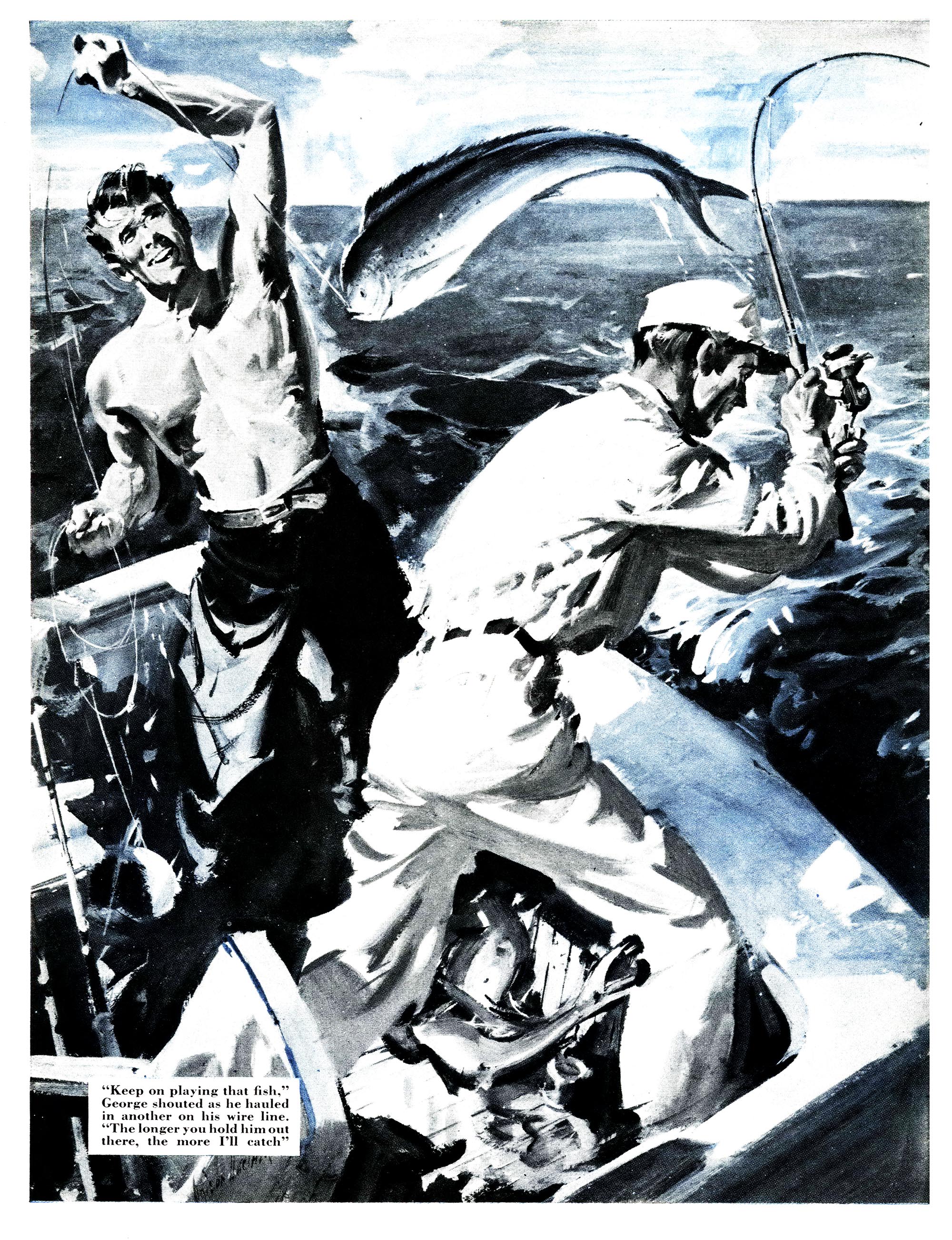 Two men grapple with fishing rods while fishing for dolphin fish in an illustration