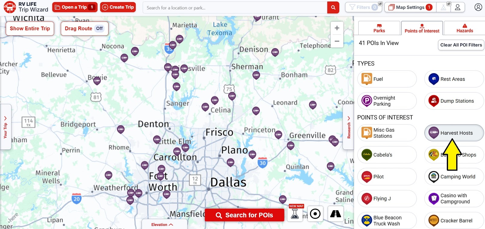 RV Trip Wizard display with Harvest Hosts locations.
