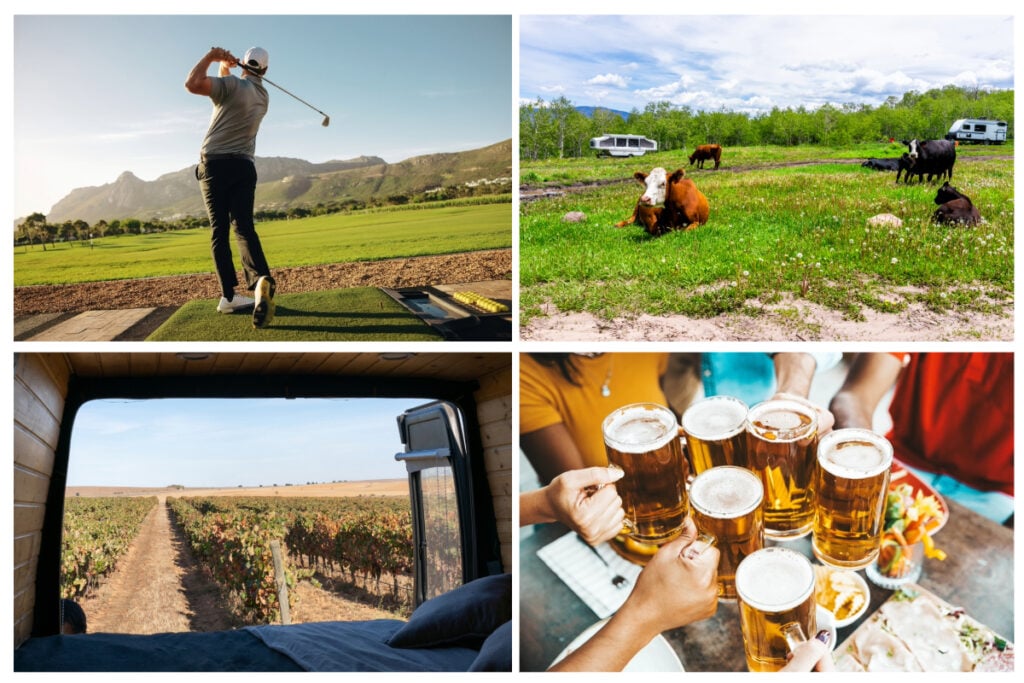 Harvest Hosts offers unique camping spots. Shown here are a golf course. open field with cows, a vineyard, and a brewery.