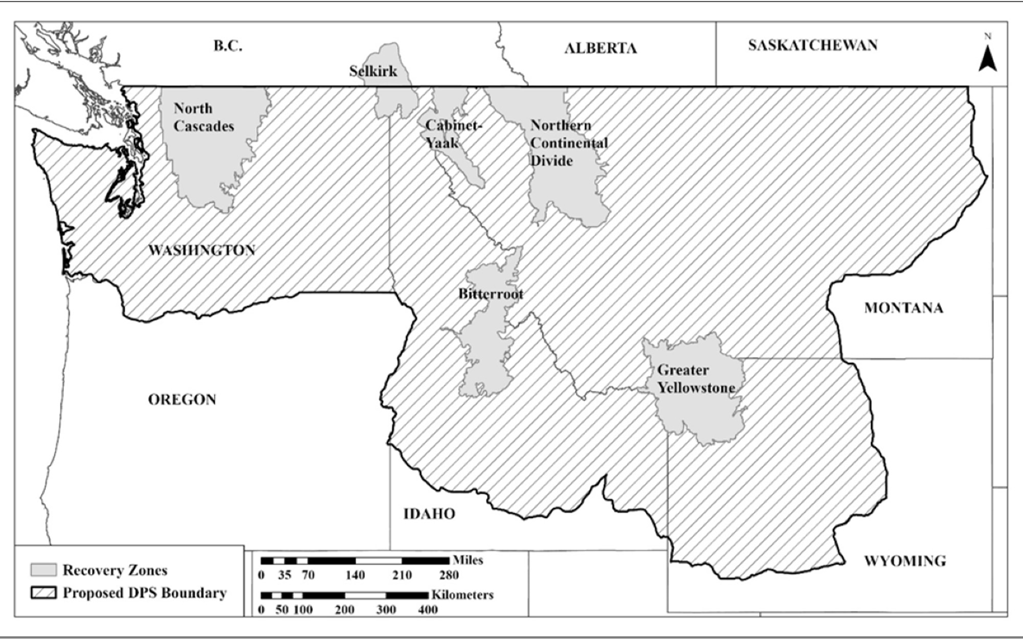 A map showing grizzly bear recovery zones in the West.