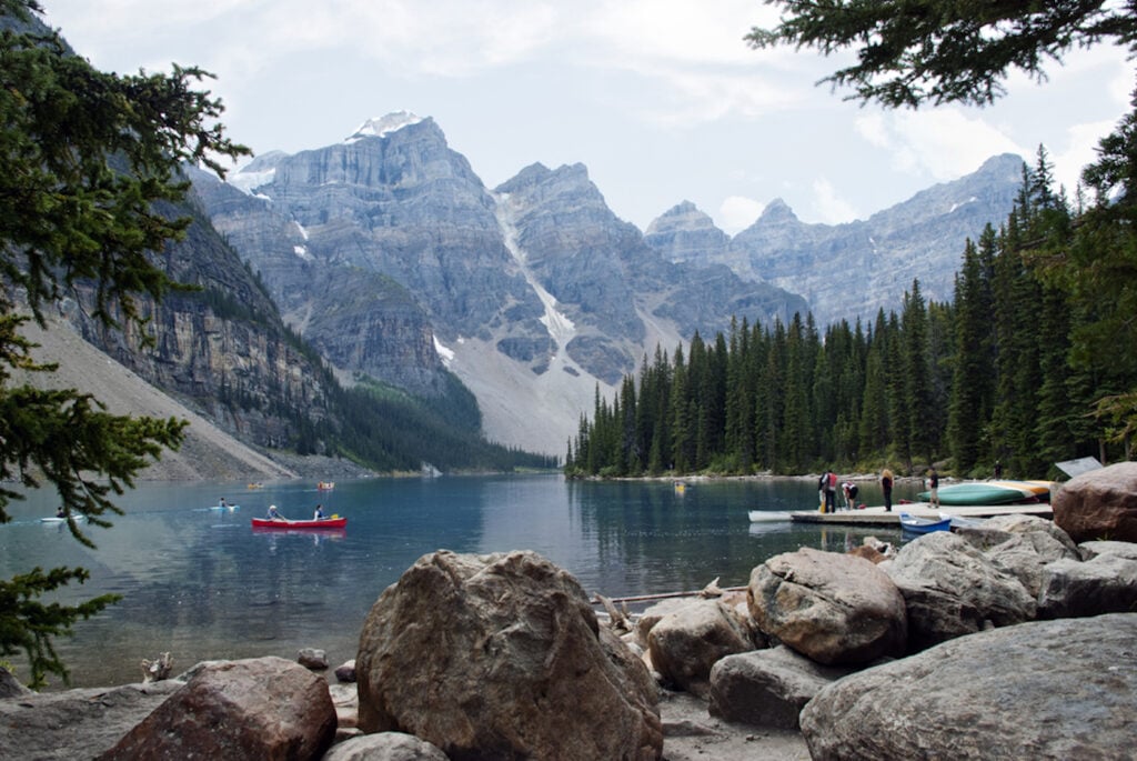 Kayaks on Moraine Lake , Banff National Park, Alberta, Canada