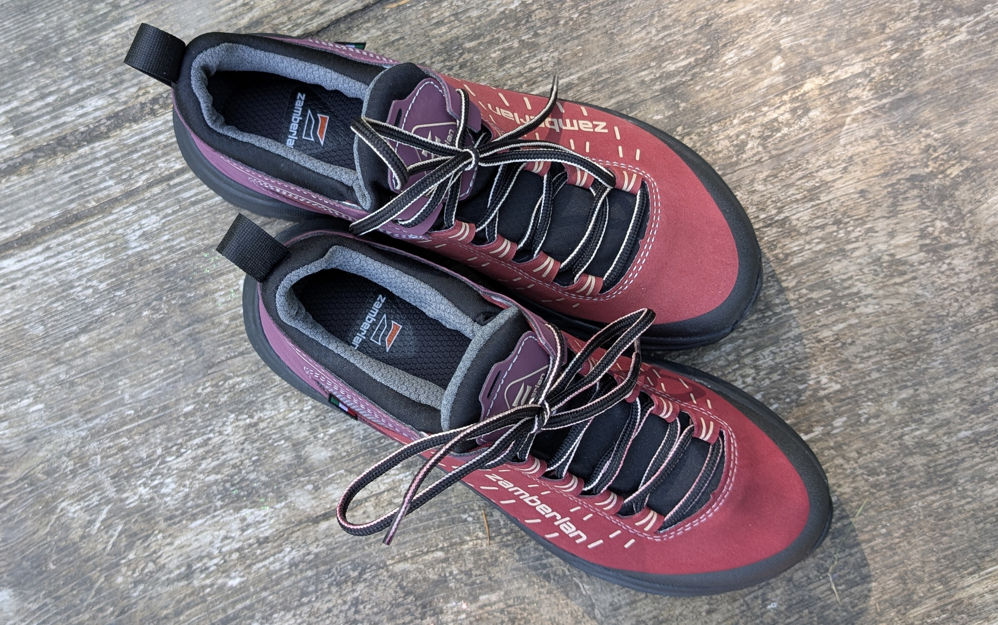  Zamberlan Circe GTX sitting on a wooden bench