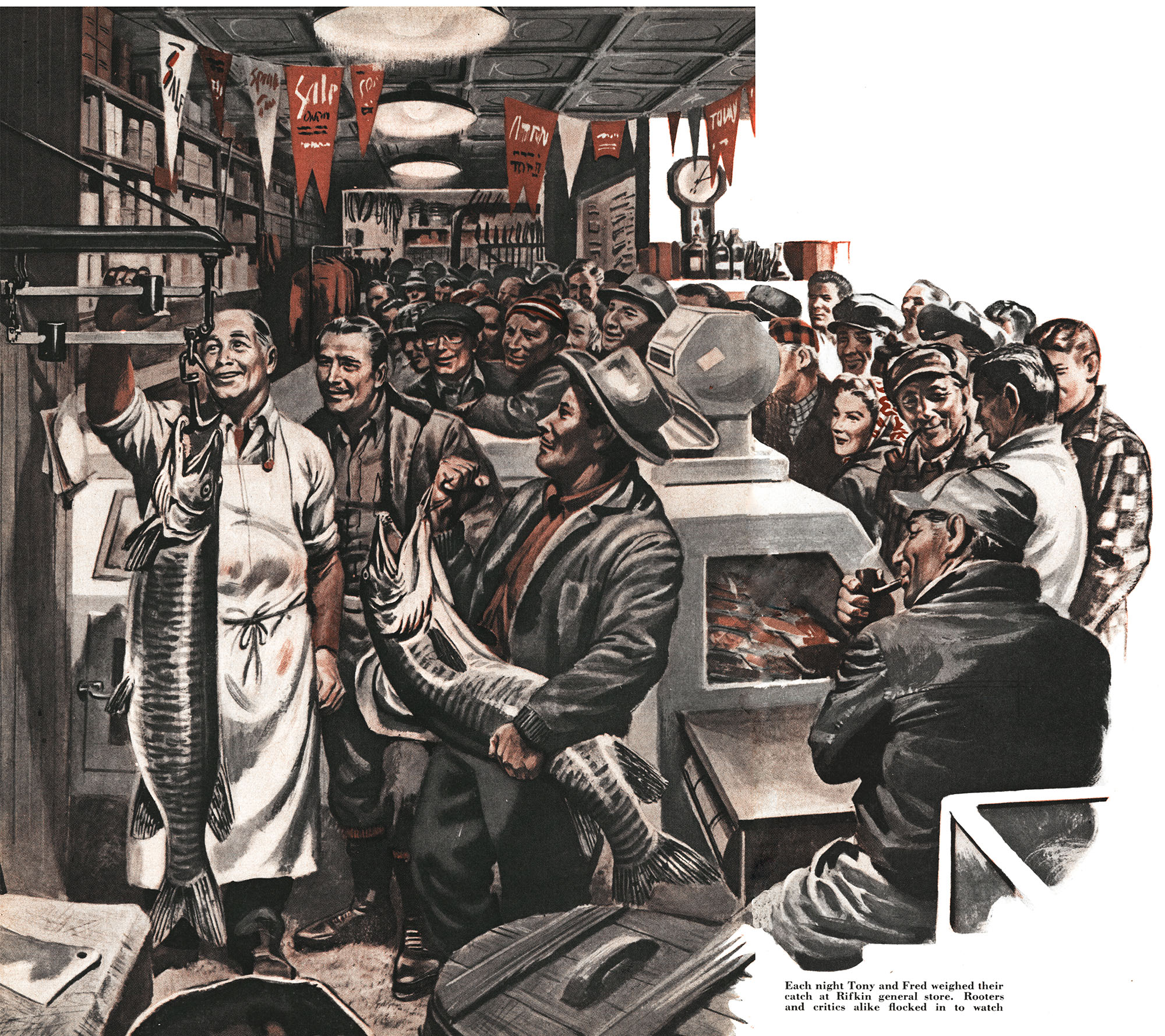 An illustration of a crowd gathering to watch muskies be weighed