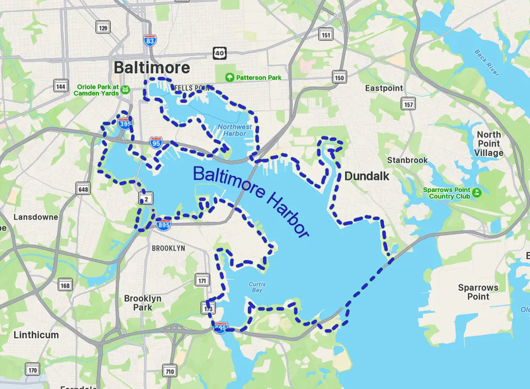 A map showing the boundaries of Baltimore Harbor.