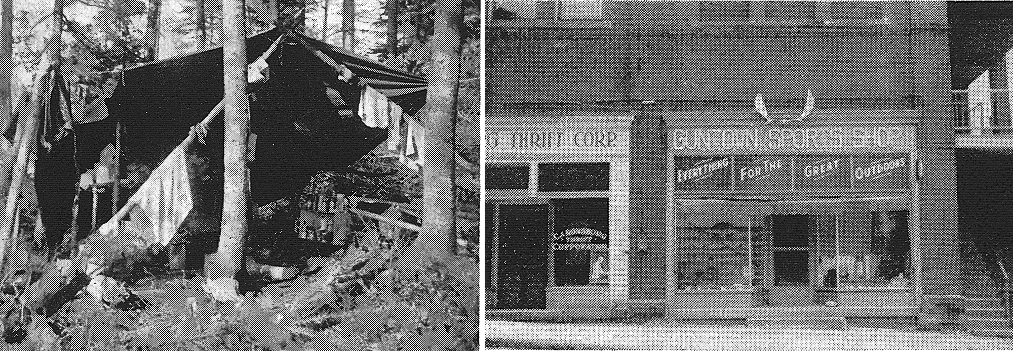 two old photographs of a pole tent and guntown sports shop.