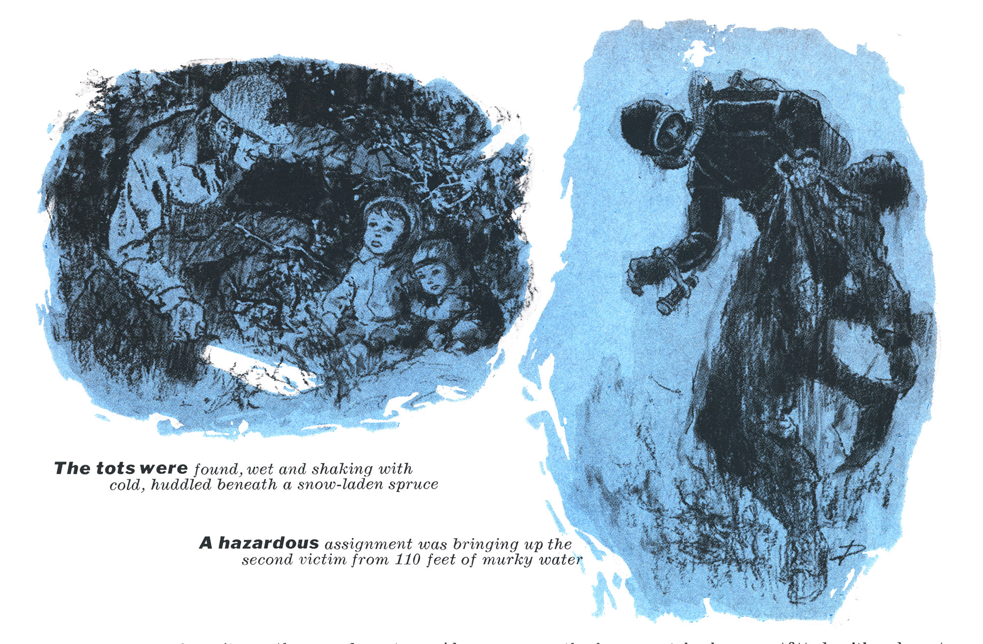 Illustrations in blue and black of search and rescue