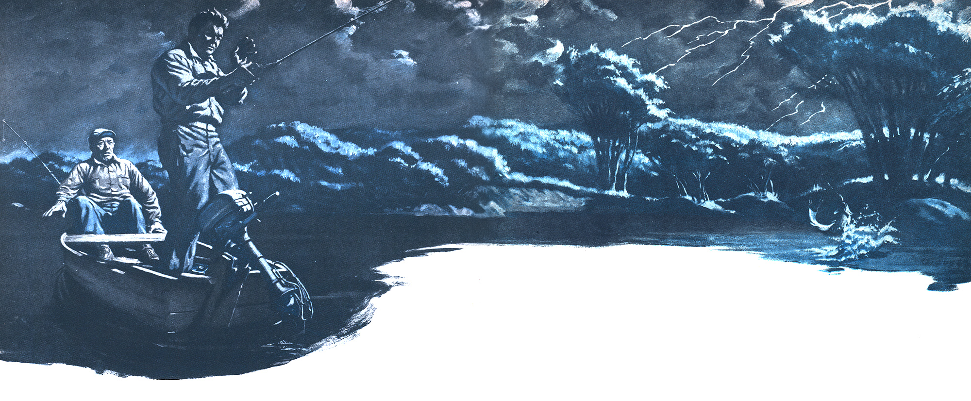 A blue illustration of fishing in a storm