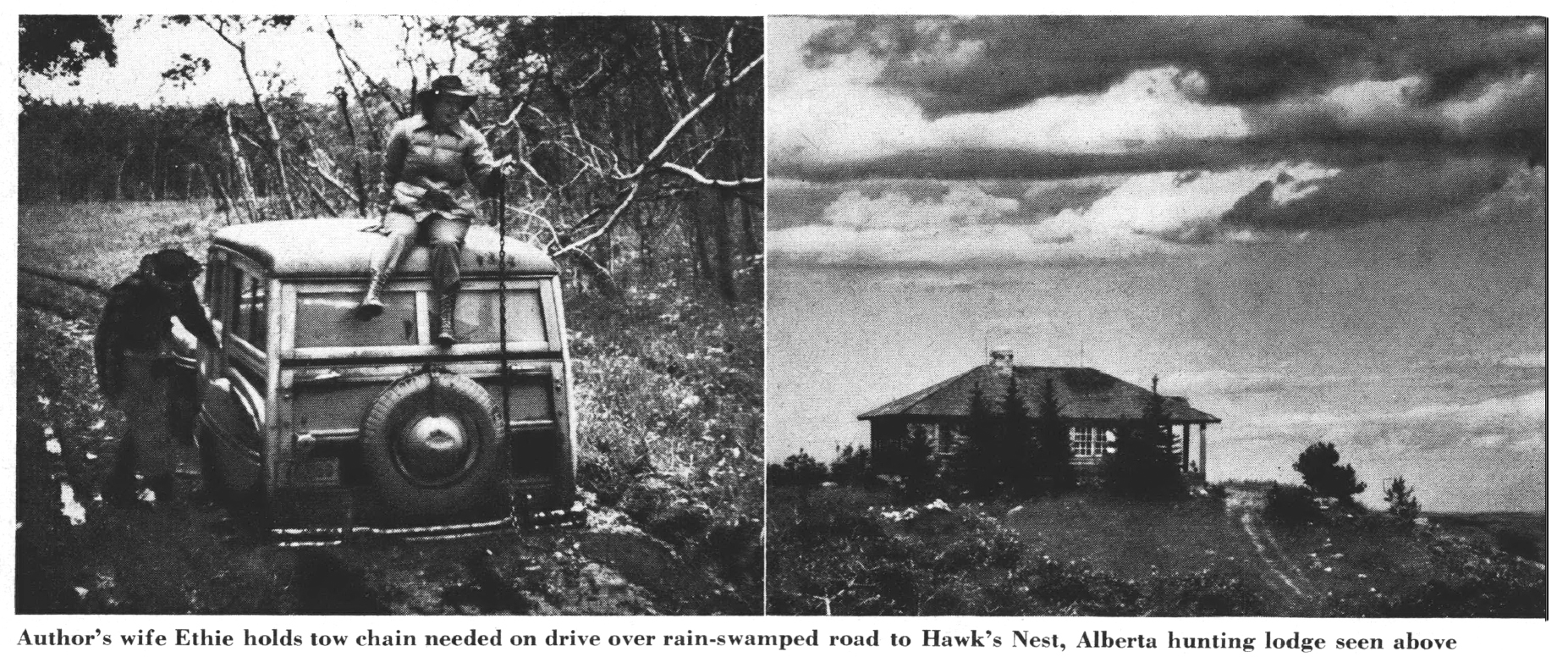 An old black and white photo of a stuck car and a house on a hill.