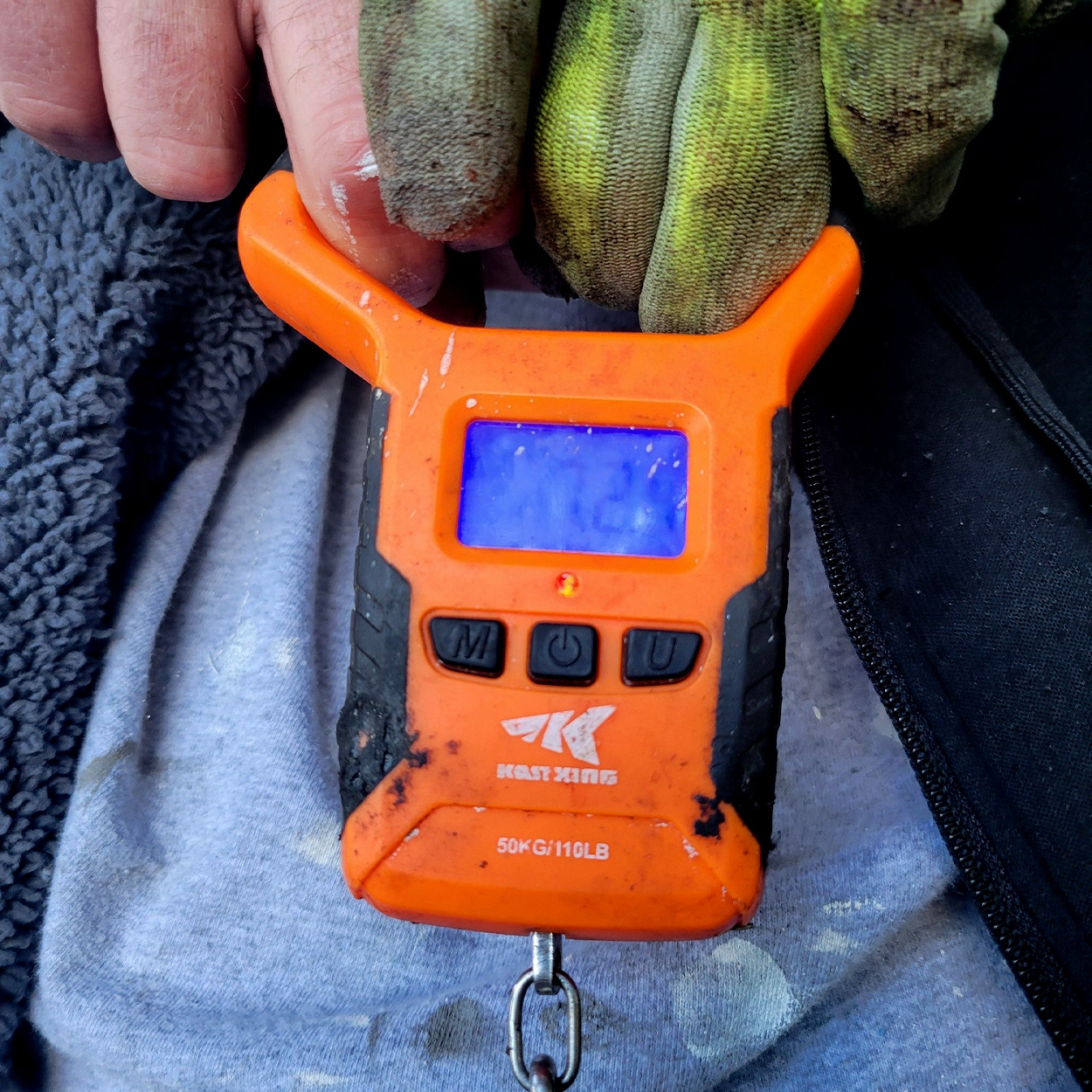 A hand scale showing a weight of 72.4 pounds.