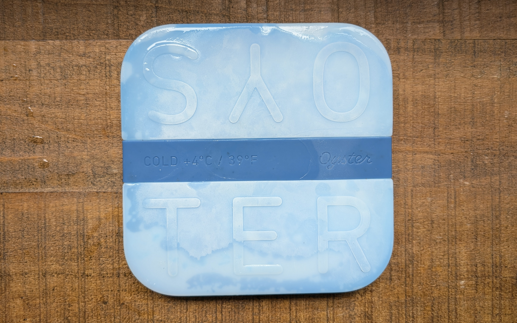 Oyster ice packs for coolers sitting on a wooden surface
