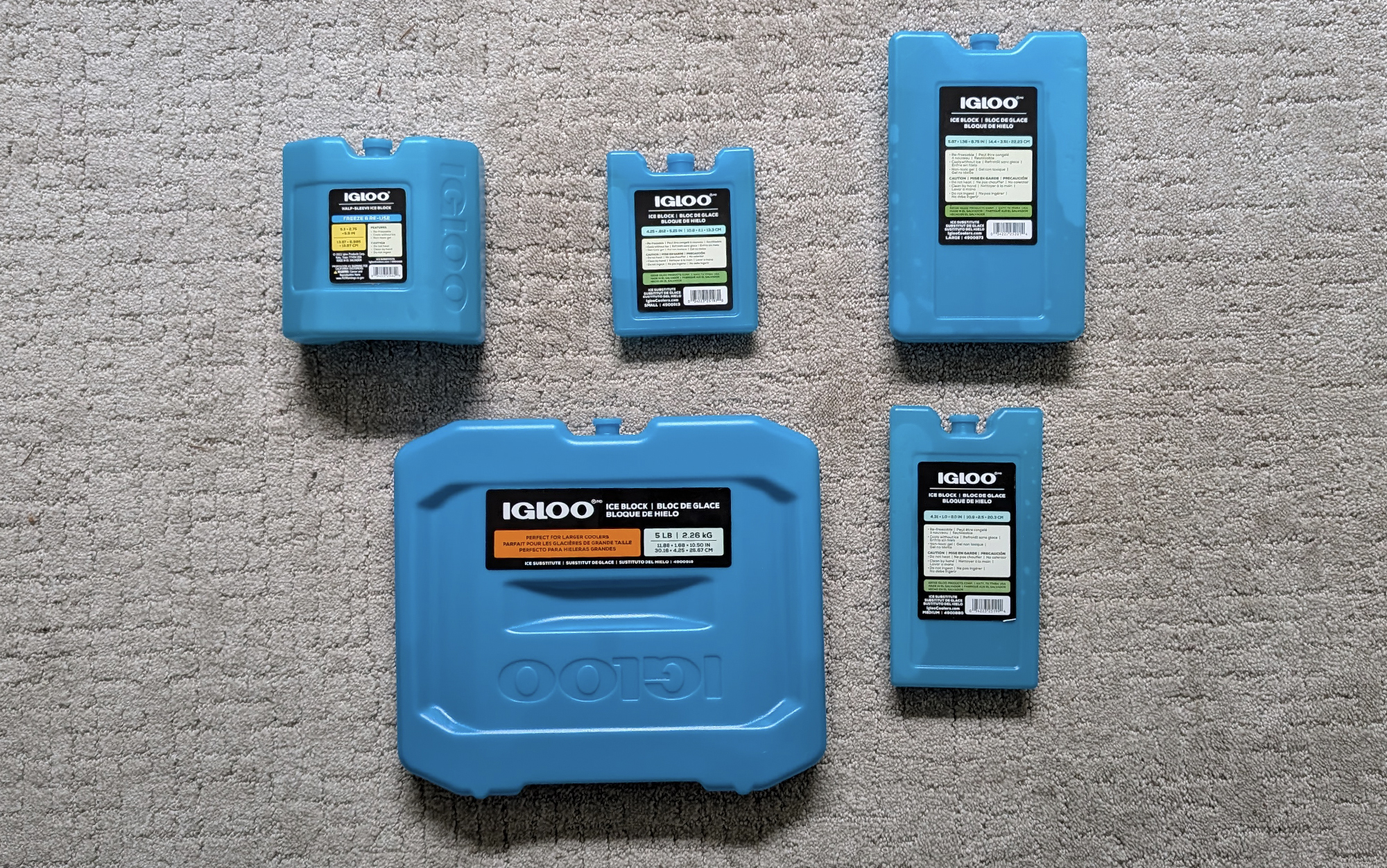 5 Igloo ice packs for coolers sitting on a carpeted surface