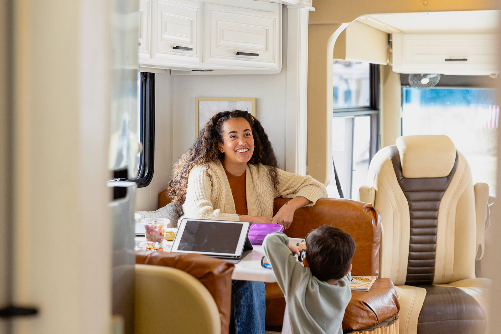 Mother and son in a camper