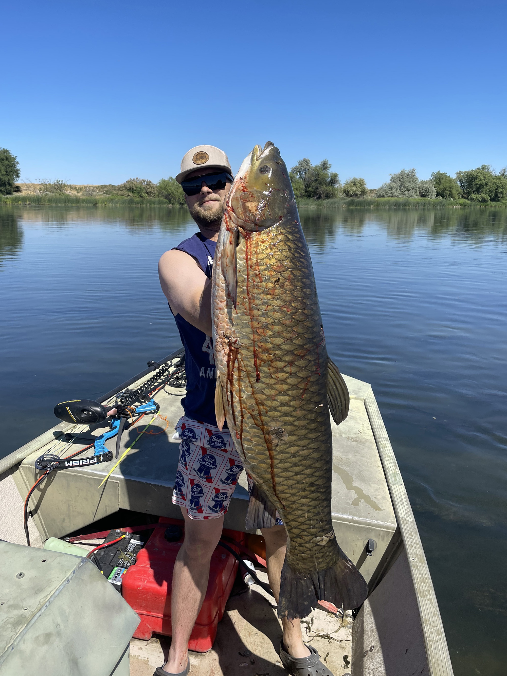 A bowfisherman holds up a big grass carp in Idaho.